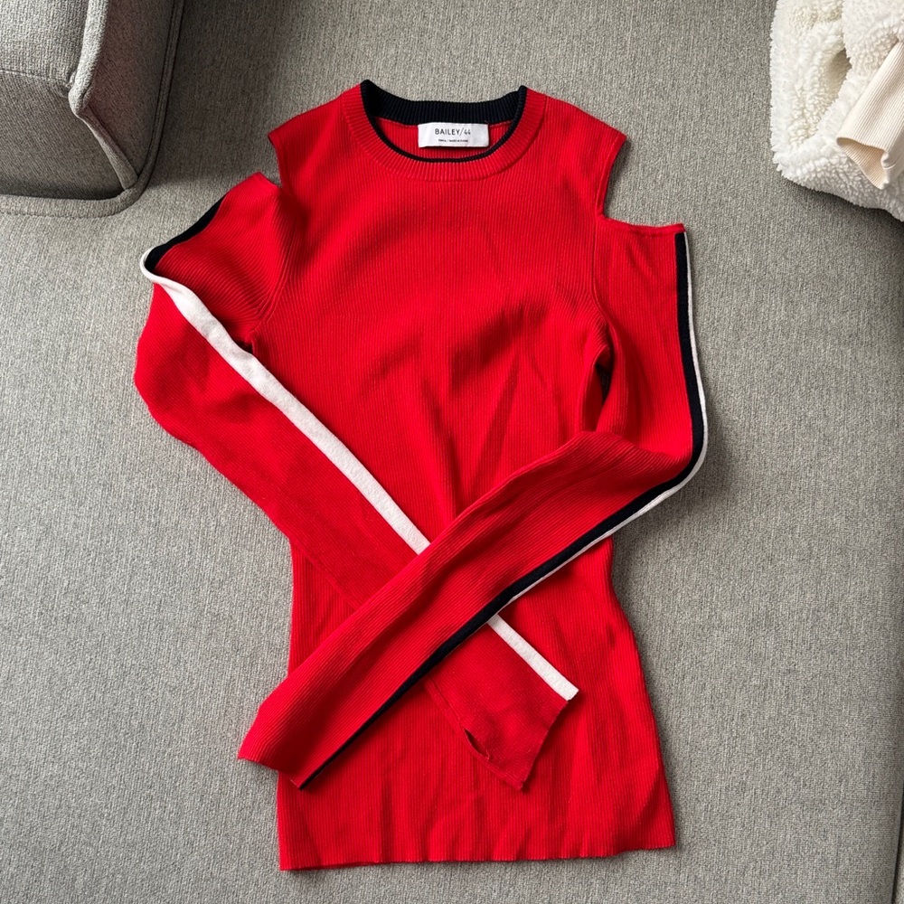 Bailey 44 Vibrant Red Top with Striped Sleeves